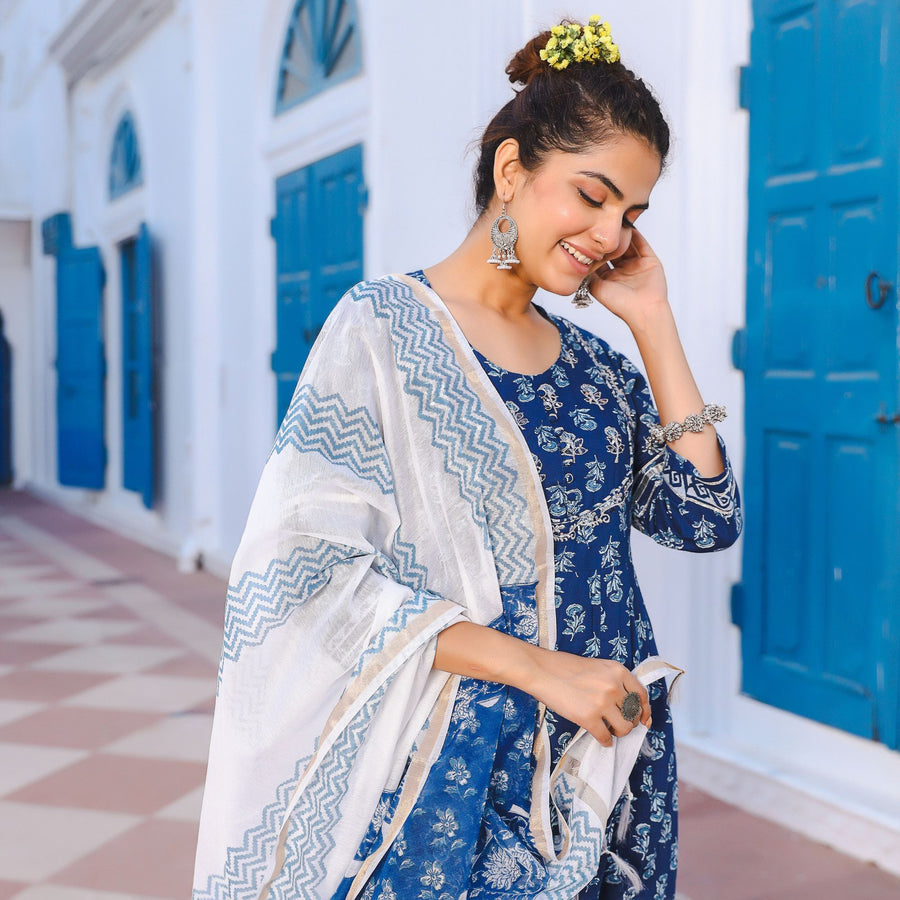 Blue Indigo Anarkali Suit Set