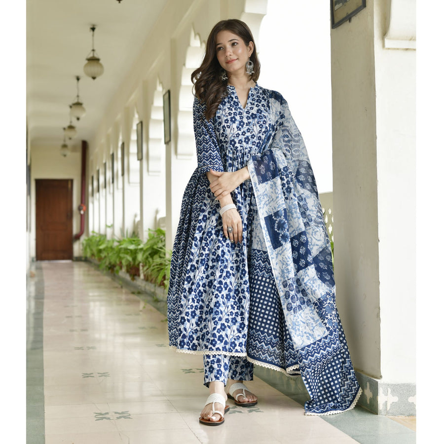 Blue Indigo Aline Suit Set – Roohaniyat Jaipur - Main Image