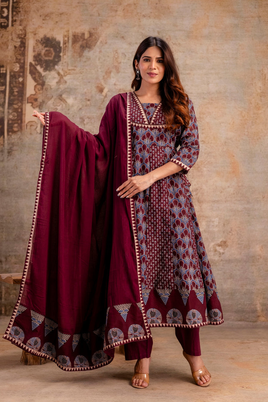 Women Ethnic Motifs Printed Pure Cotton Anarkali Kurta with Trouser & Dupatta