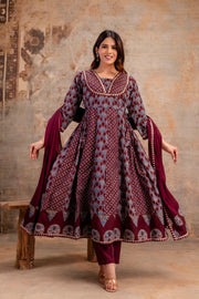 Women Ethnic Motifs Printed Pure Cotton Anarkali Kurta with Trouser & Dupatta