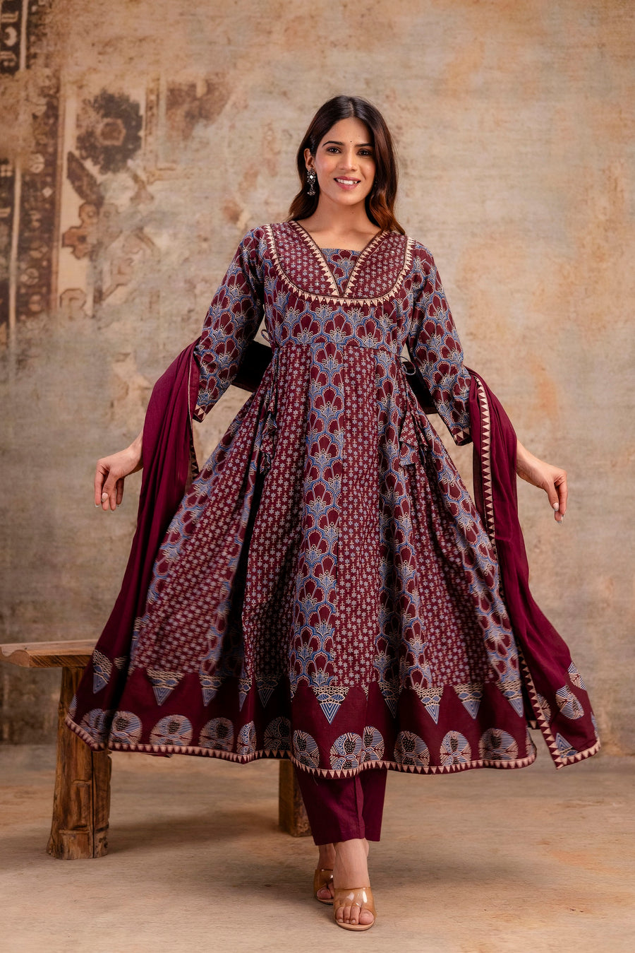 Women Ethnic Motifs Printed Pure Cotton Anarkali Kurta with Trouser & Dupatta