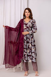 Floral Printed Modal Straight Kurta With Trousers & Dupatta