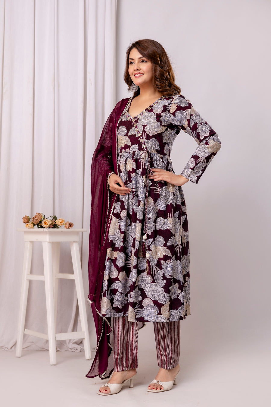 Floral Printed Modal Straight Kurta With Trousers & Dupatta