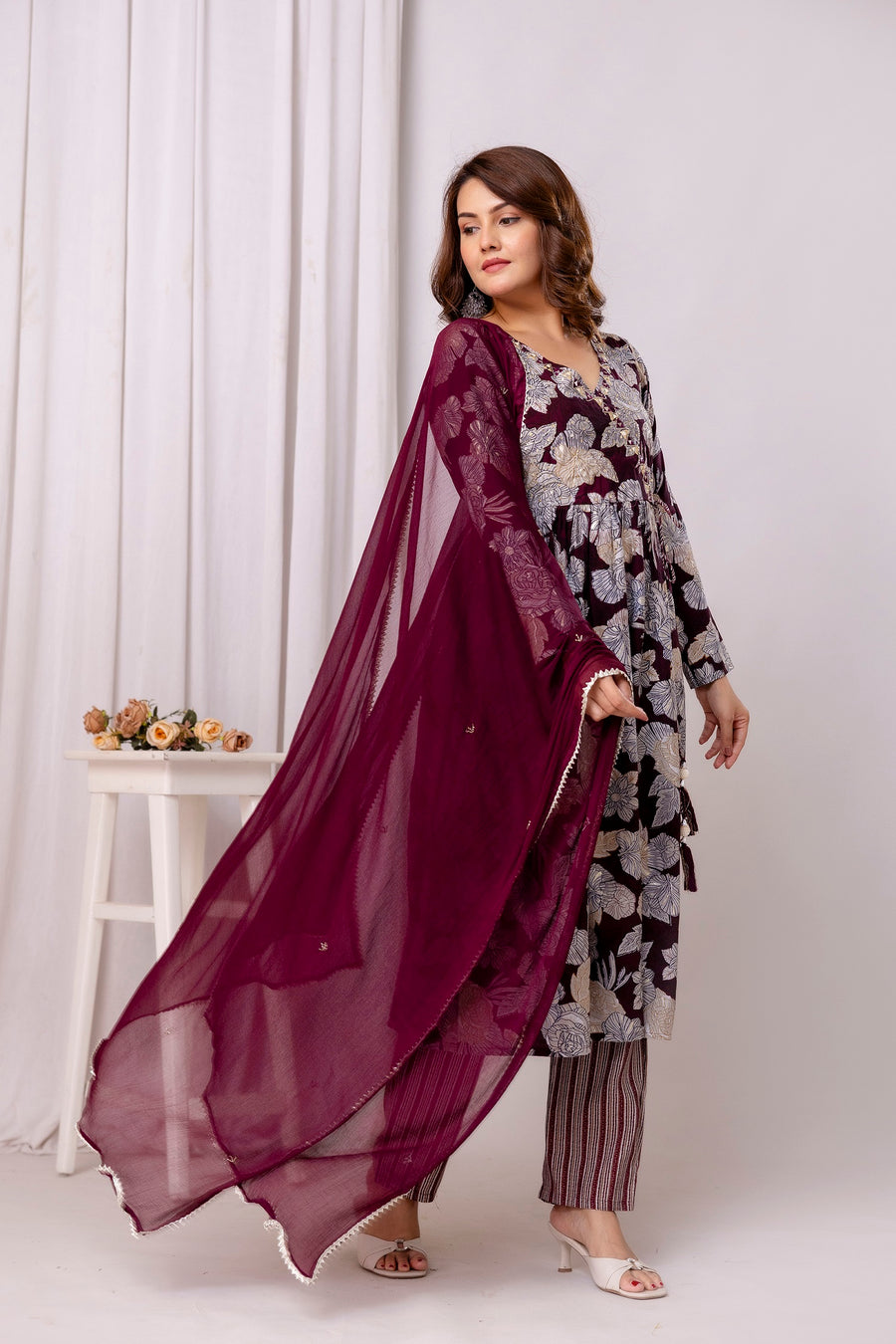 Floral Printed Modal Straight Kurta With Trousers & Dupatta