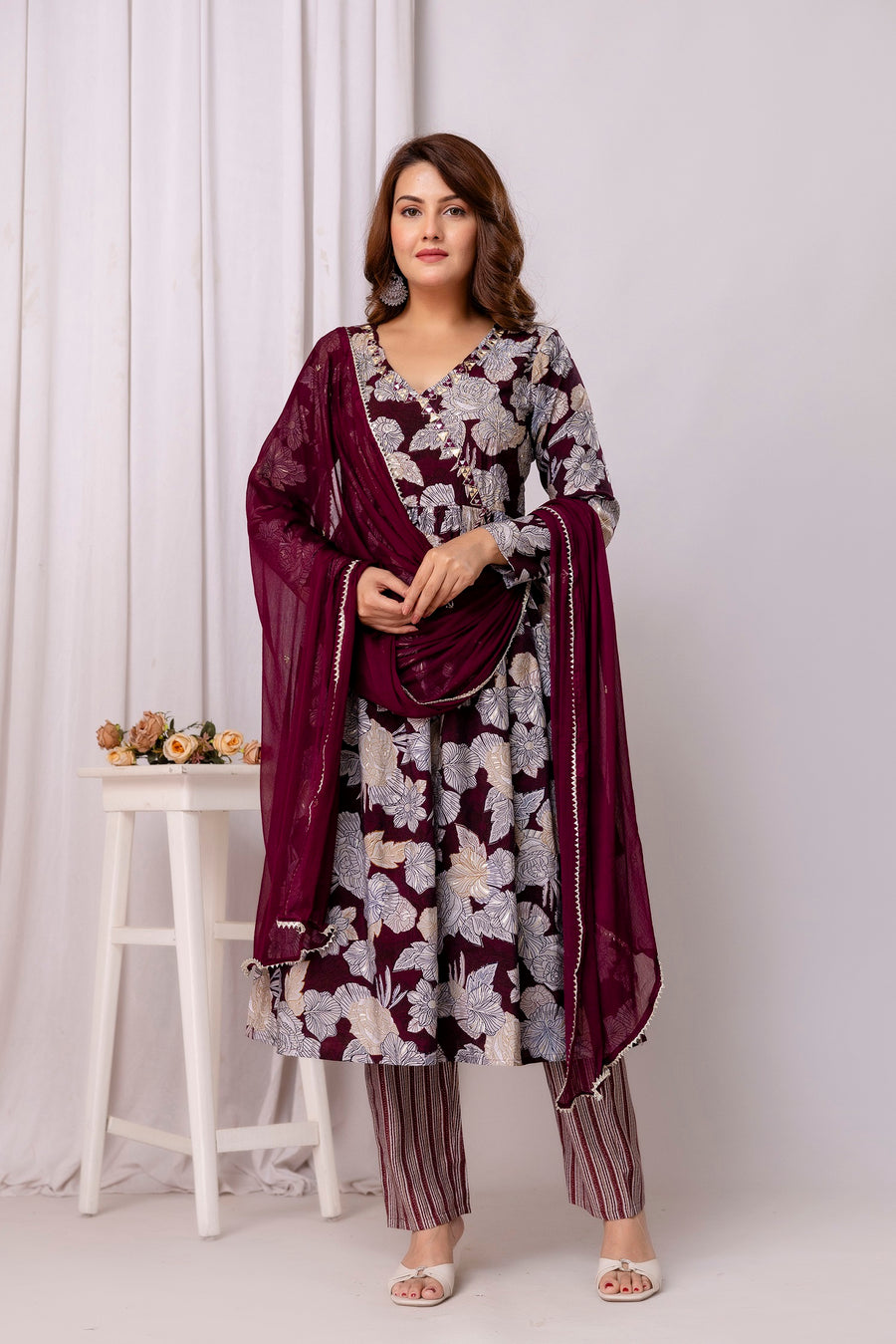 Floral Printed Modal Straight Kurta With Trousers & Dupatta