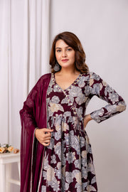Floral Printed Modal Straight Kurta With Trousers & Dupatta