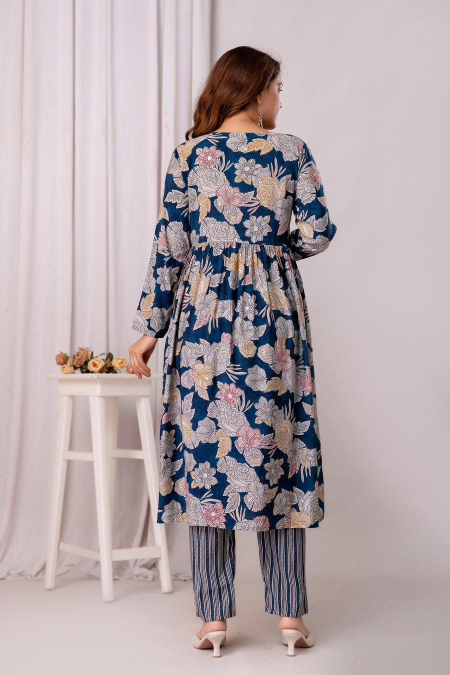 Floral Printed Cotton Silk Straight Kurta With Trousers & Dupatta