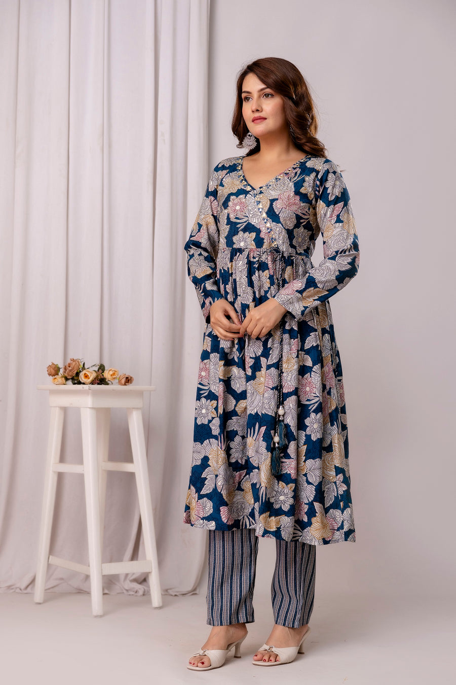 Floral Printed Cotton Silk Straight Kurta With Trousers & Dupatta