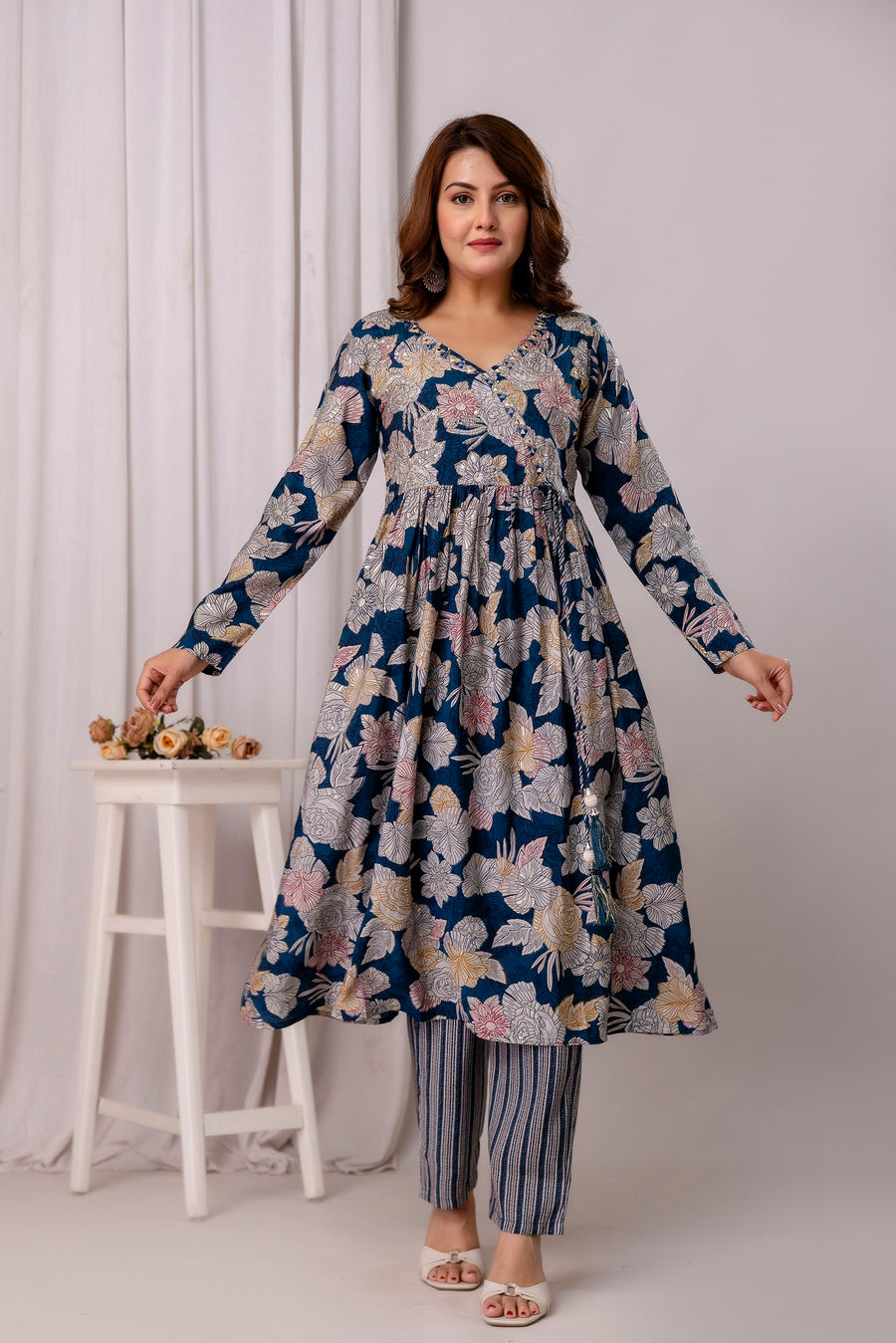 Floral Printed Cotton Silk Straight Kurta With Trousers & Dupatta