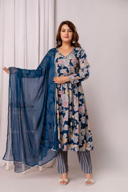 Floral Printed Cotton Silk Straight Kurta With Trousers & Dupatta