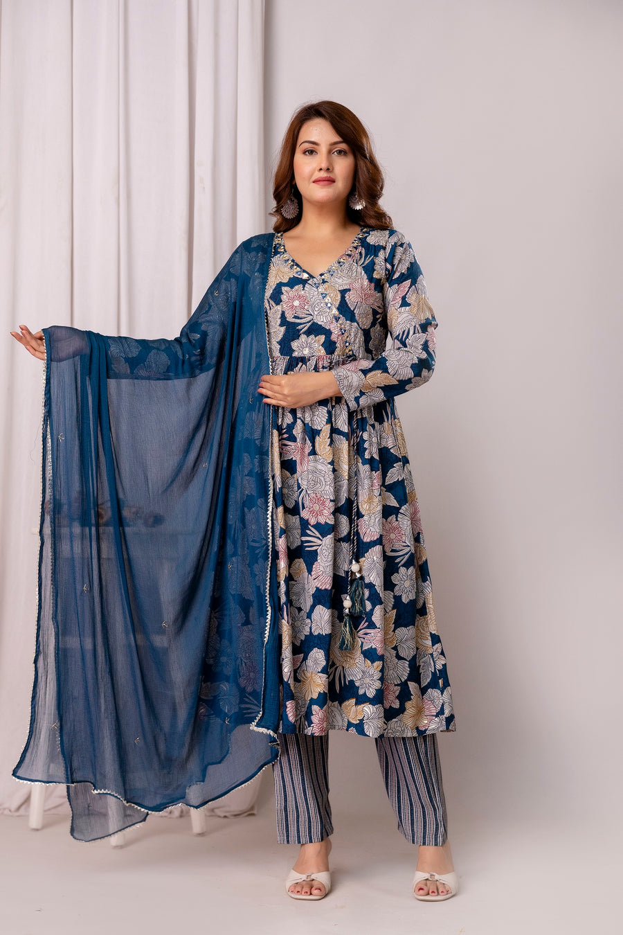 Floral Printed Cotton Silk Straight Kurta With Trousers & Dupatta