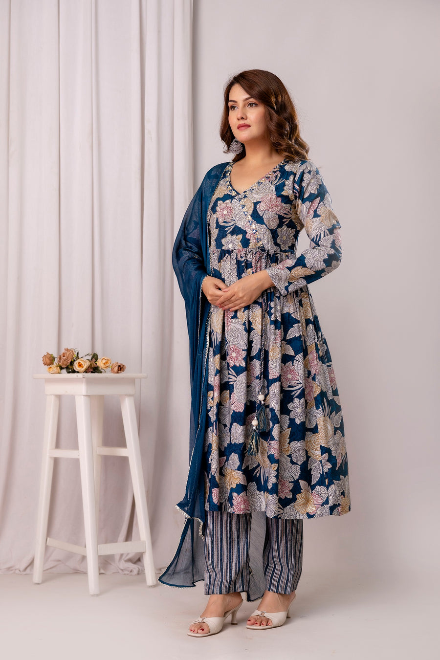 Floral Printed Cotton Silk Straight Kurta With Trousers & Dupatta