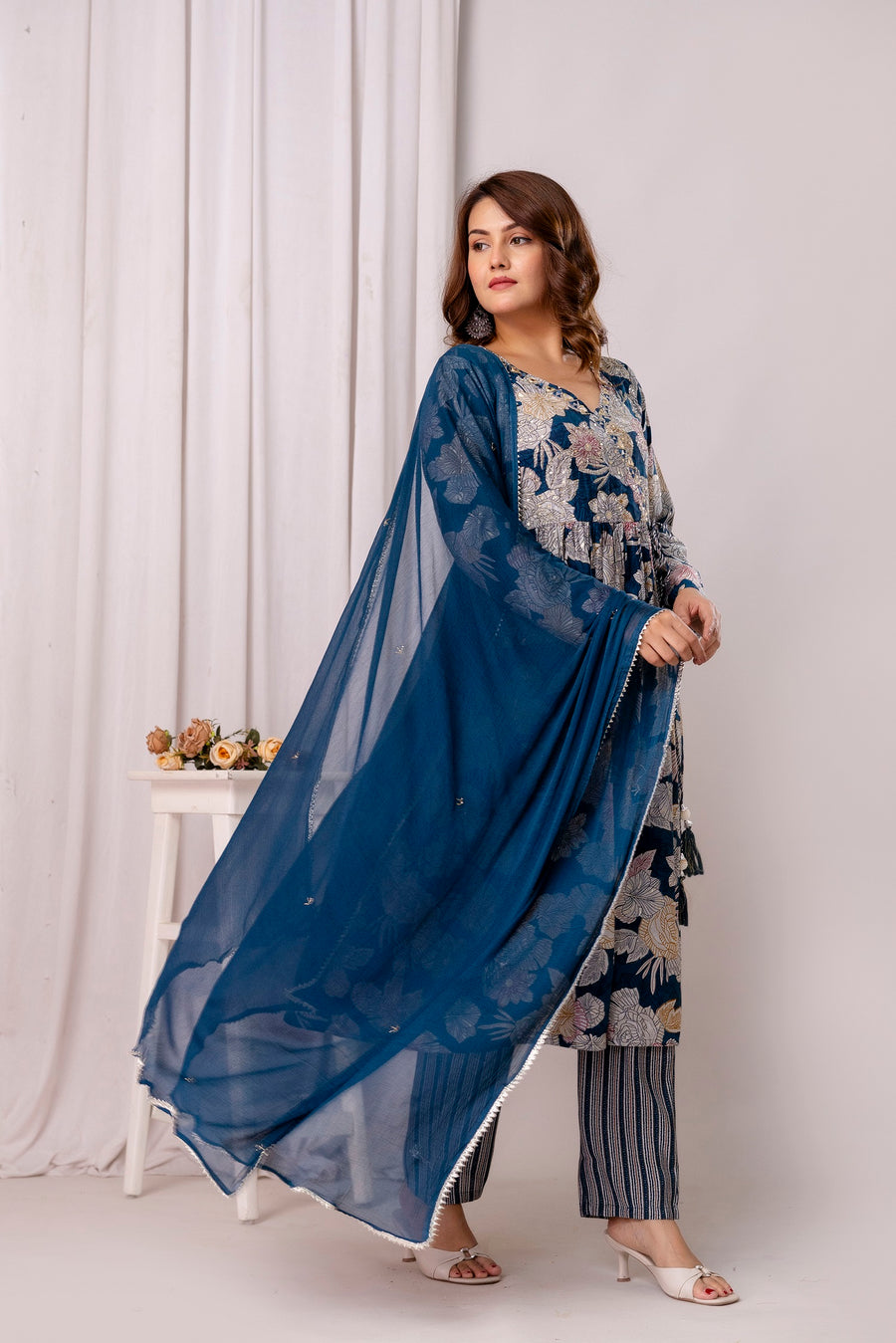 Floral Printed Cotton Silk Straight Kurta With Trousers & Dupatta