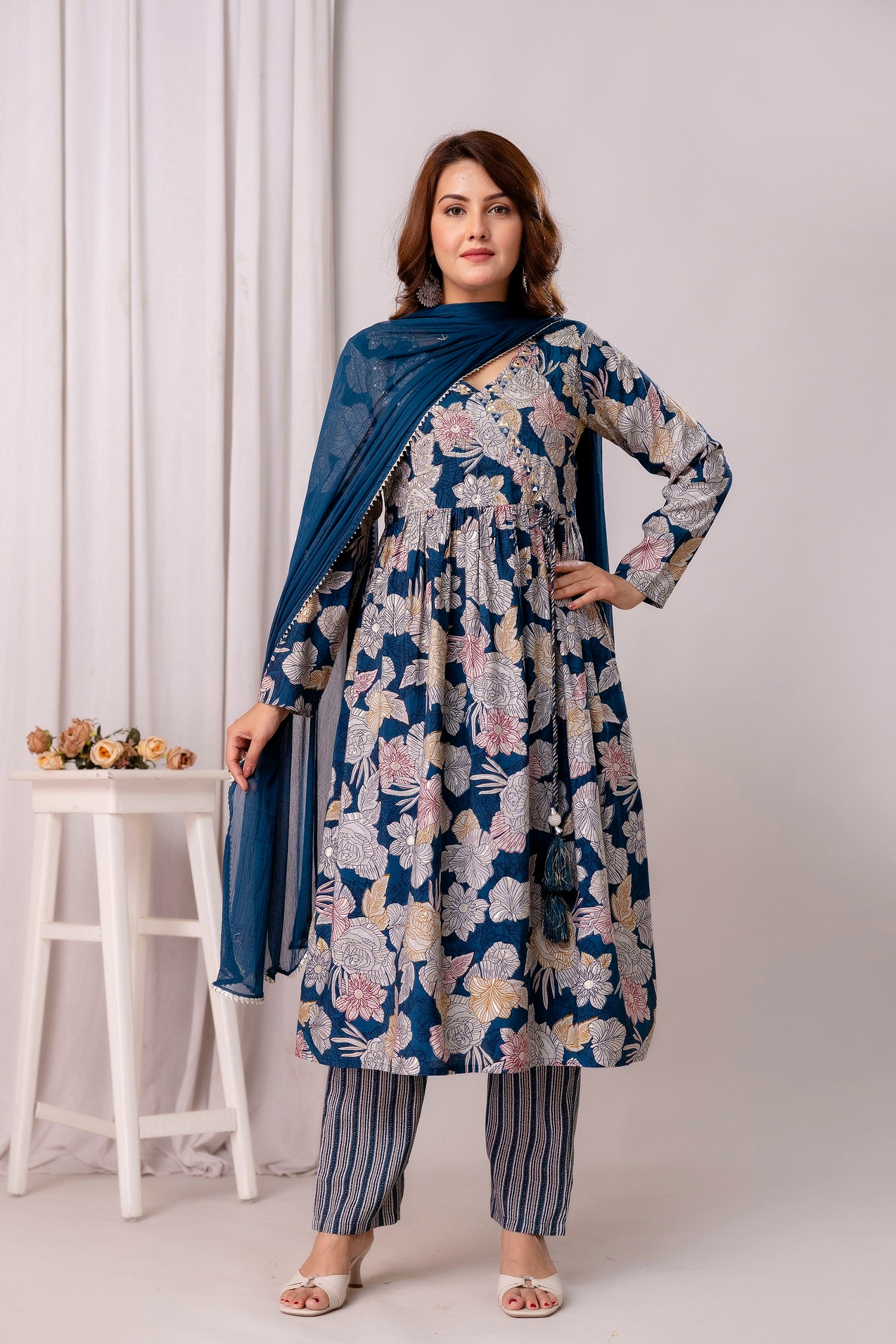 Floral Printed Cotton Silk Straight Kurta With Trousers & Dupatta