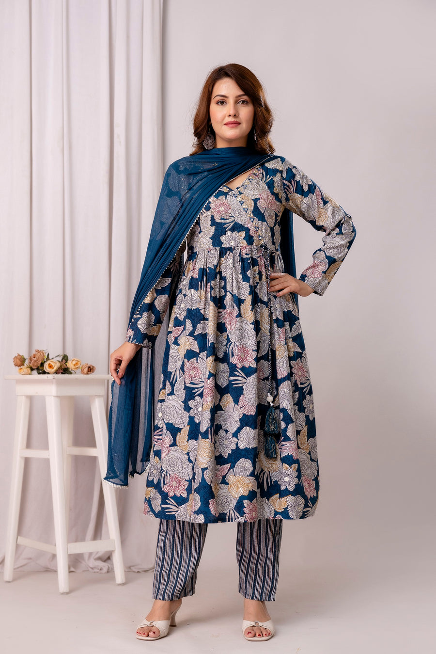 Floral Printed Cotton Silk Straight Kurta With Trousers & Dupatta