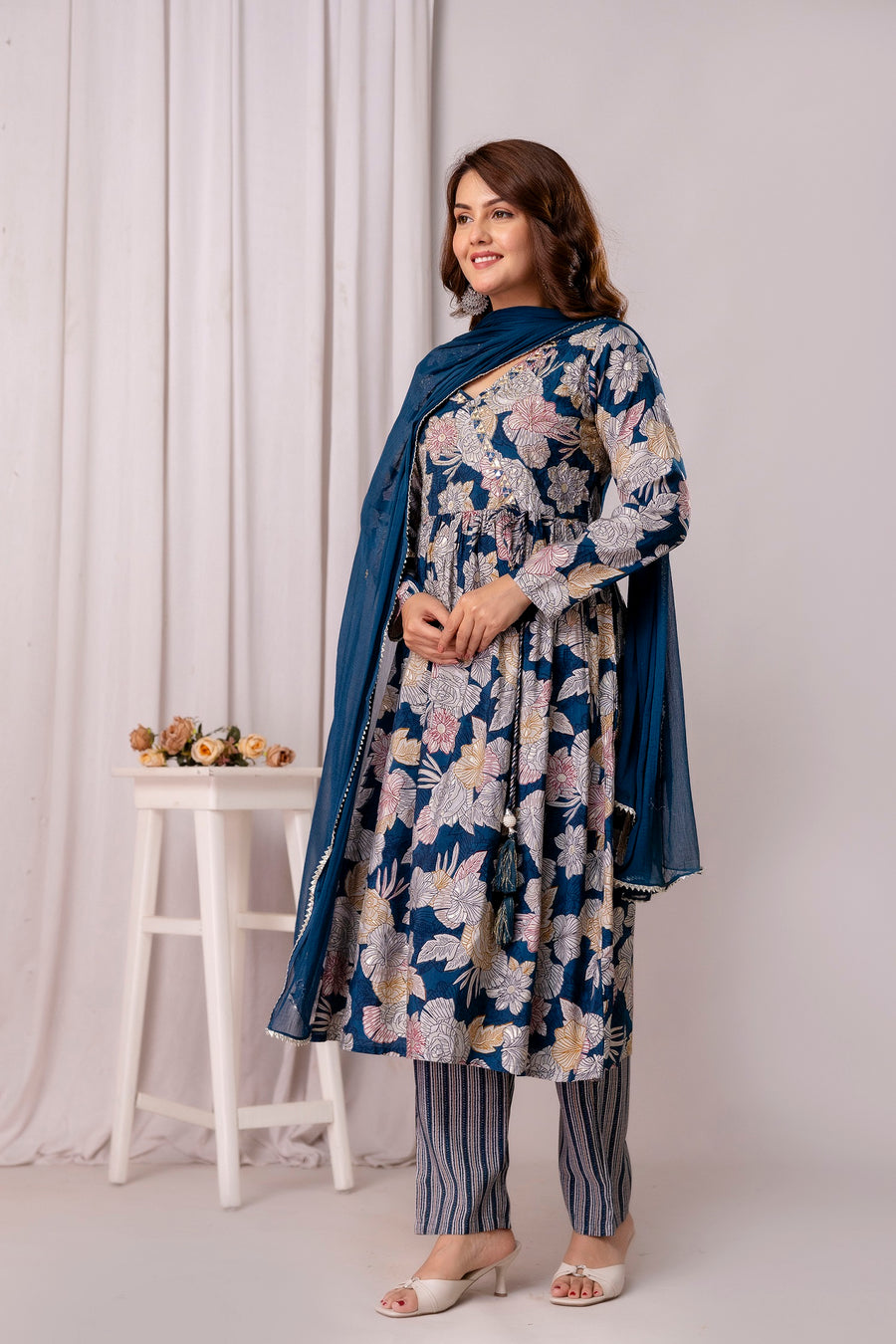 Floral Printed Cotton Silk Straight Kurta With Trousers & Dupatta