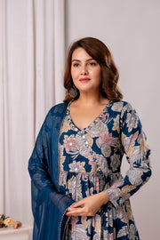 Floral Printed Cotton Silk Straight Kurta With Trousers & Dupatta