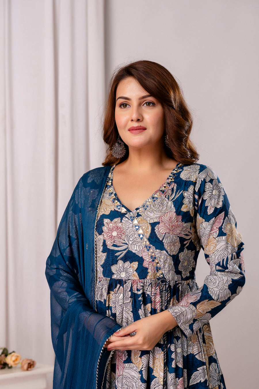 Floral Printed Cotton Silk Straight Kurta With Trousers & Dupatta