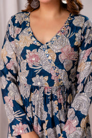 Floral Printed Cotton Silk Straight Kurta With Trousers & Dupatta