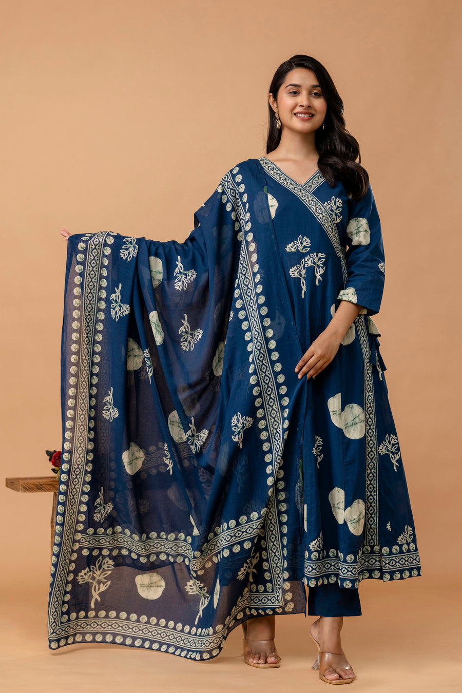 Women Printed Angrakha Pure Cotton Kurta with Trousers & With Dupatta