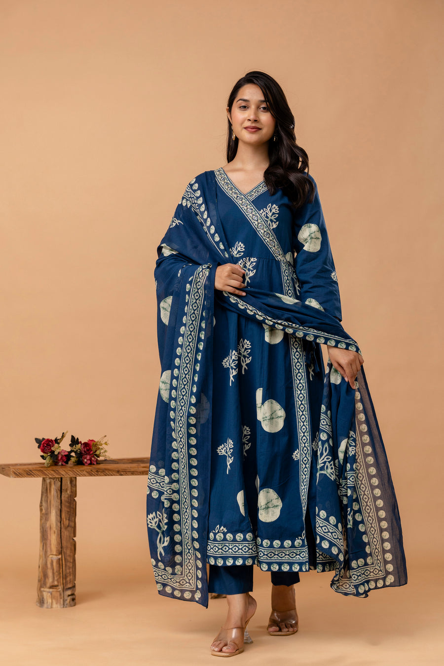 Women Printed Angrakha Pure Cotton Kurta with Trousers & With Dupatta