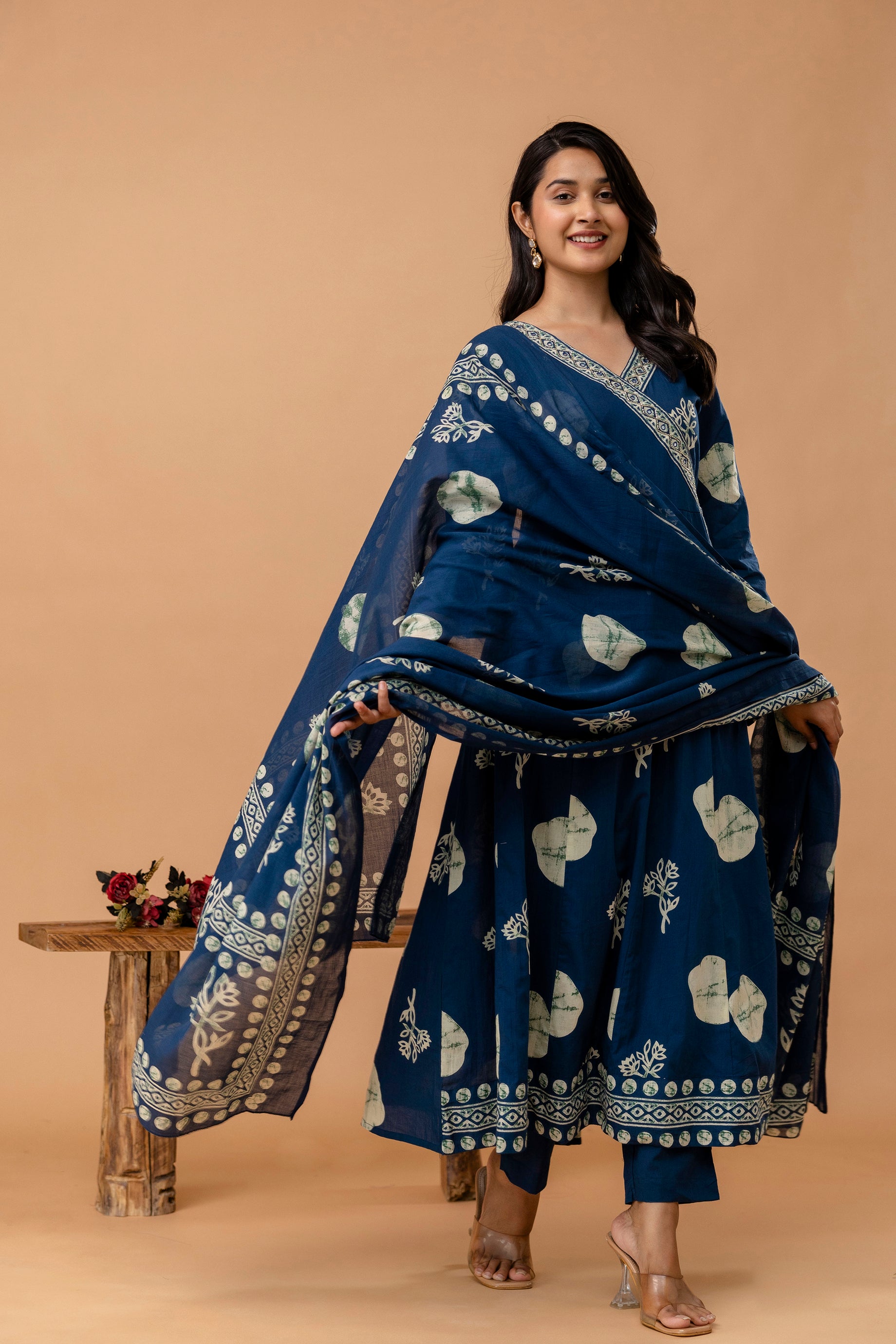 Women Printed Angrakha Pure Cotton Kurta with Trousers & With Dupatta