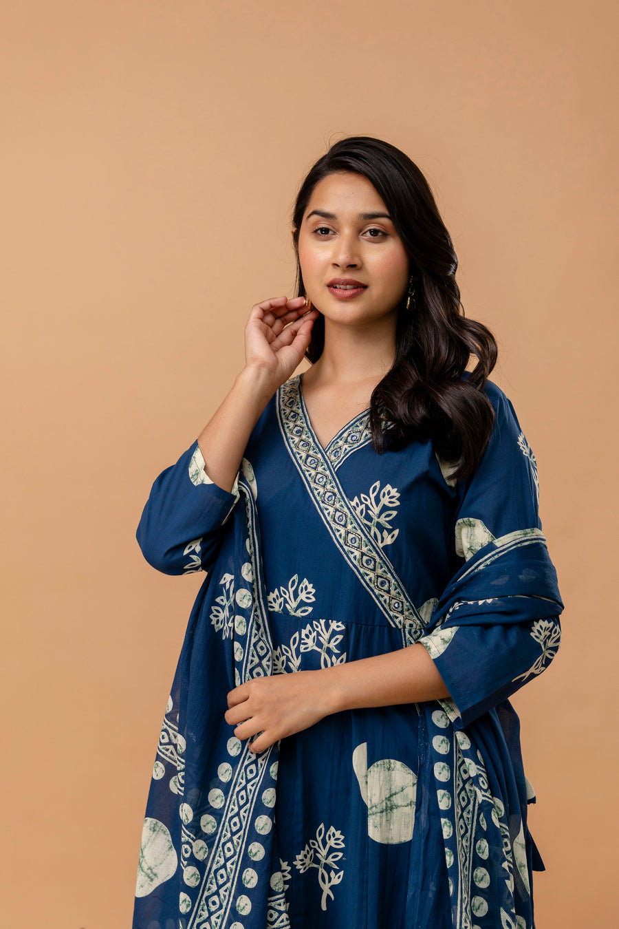 Women Printed Angrakha Pure Cotton Kurta with Trousers & With Dupatta