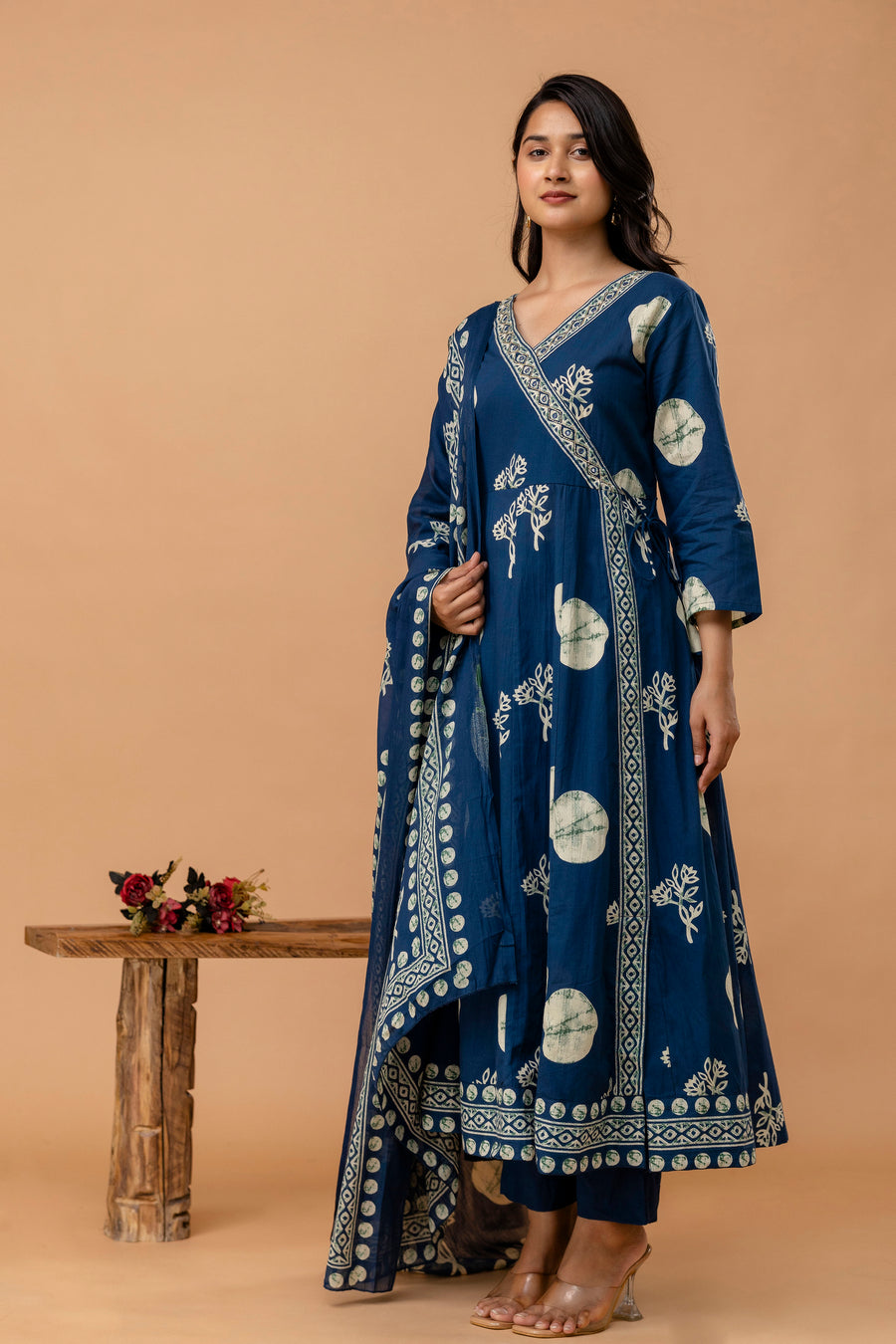 Women Printed Angrakha Pure Cotton Kurta with Trousers & With Dupatta