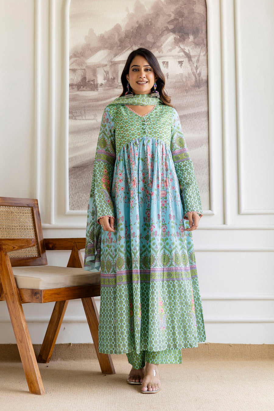 Women Floral Printed A-Line Kurta with Palazzos & Dupatta