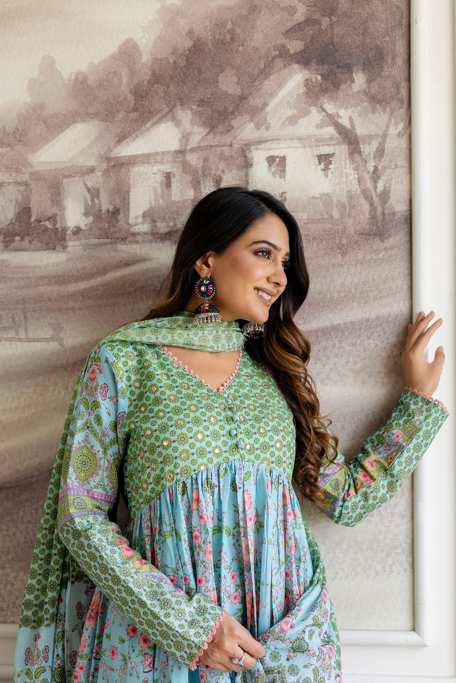 Women Floral Printed A-Line Kurta with Palazzos & Dupatta
