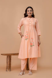 Floral Embroidered Thread Work Mandarin Collar Pure Cotton Kurta & Trouser