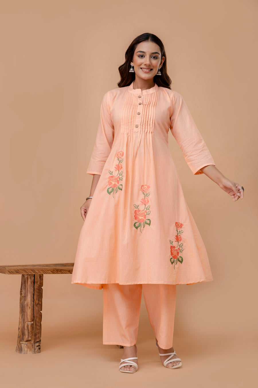 Floral Embroidered Thread Work Mandarin Collar Pure Cotton Kurta & Trouser