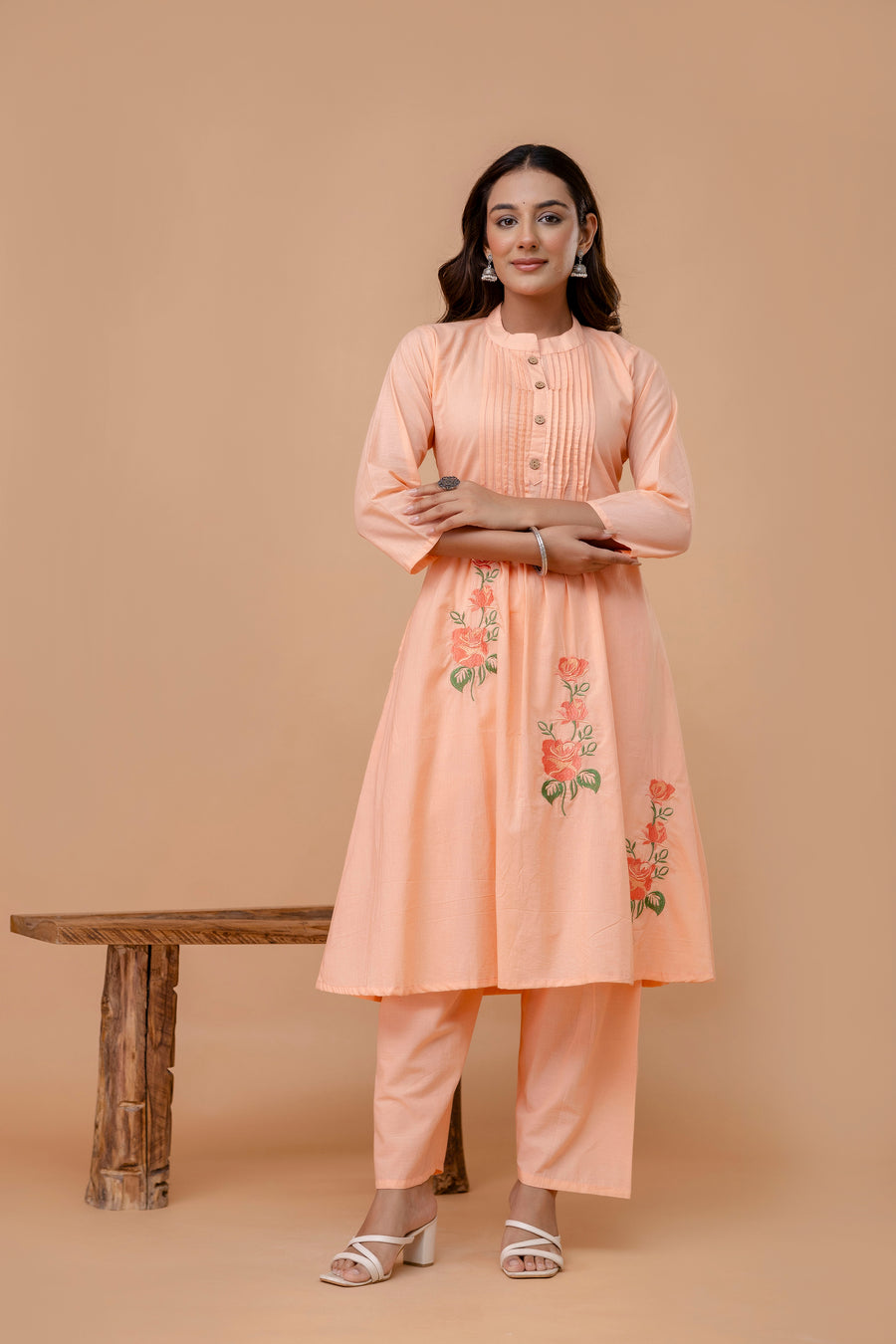 Floral Embroidered Thread Work Mandarin Collar Pure Cotton Kurta & Trouser