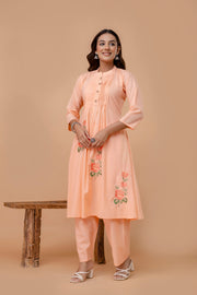 Floral Embroidered Thread Work Mandarin Collar Pure Cotton Kurta & Trouser