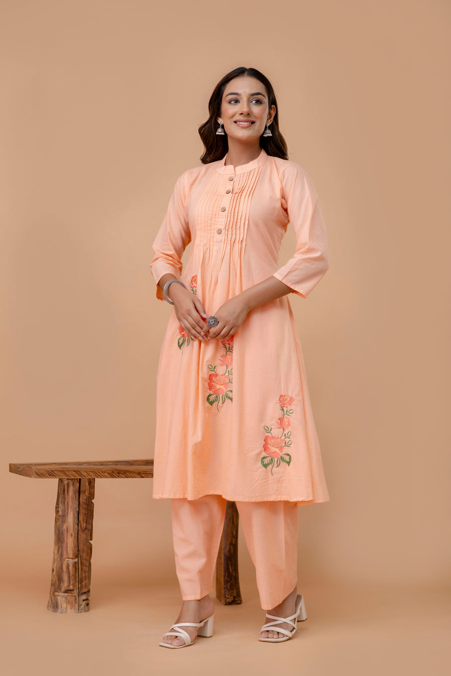 Floral Embroidered Thread Work Mandarin Collar Pure Cotton Kurta & Trouser