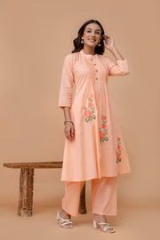 Floral Embroidered Thread Work Mandarin Collar Pure Cotton Kurta & Trouser