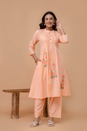 Floral Embroidered Thread Work Mandarin Collar Pure Cotton Kurta & Trouser