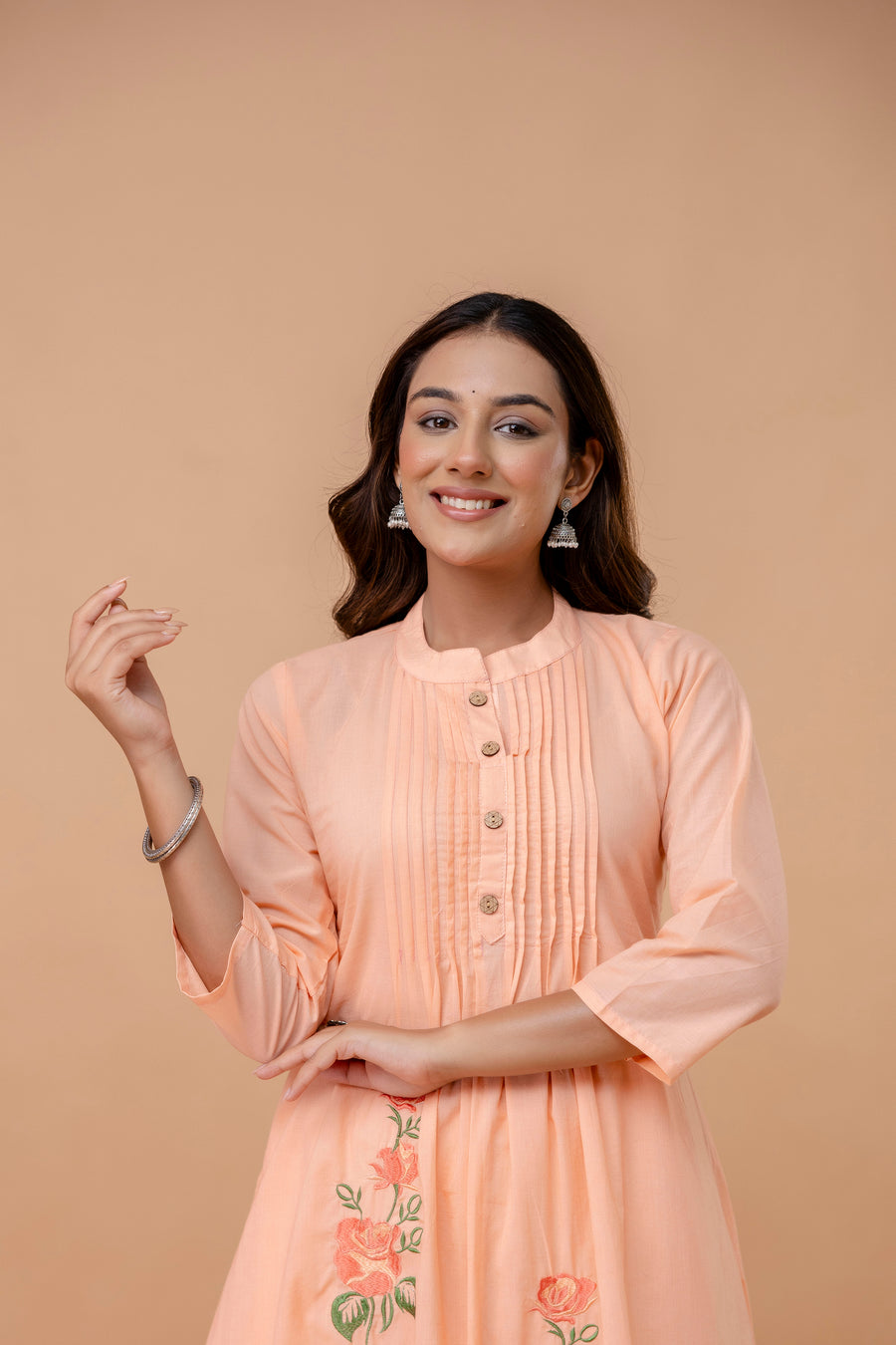 Floral Embroidered Thread Work Mandarin Collar Pure Cotton Kurta & Trouser