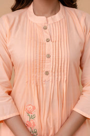Floral Embroidered Thread Work Mandarin Collar Pure Cotton Kurta & Trouser