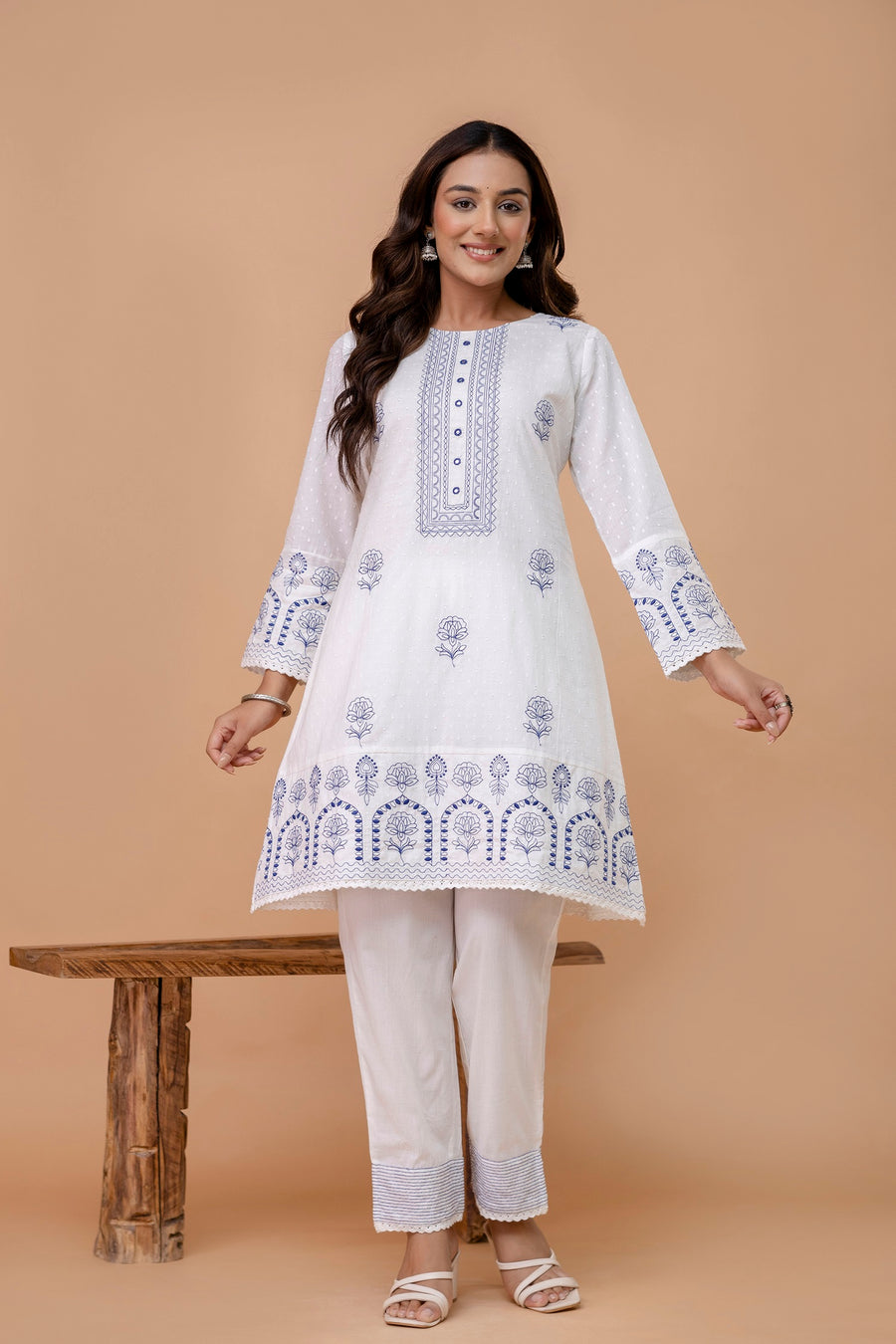 Women Floral Embroidered Cotton A-Line Kurta with Trousers & Dupatta