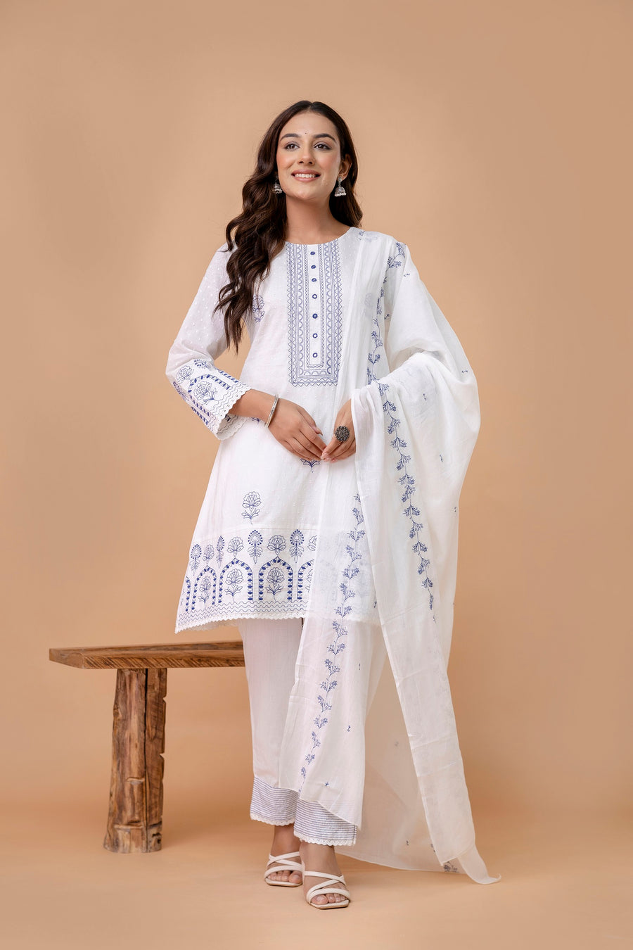 Women Floral Embroidered Cotton A-Line Kurta with Trousers & Dupatta