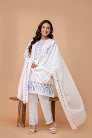 Women Floral Embroidered Cotton A-Line Kurta with Trousers & Dupatta