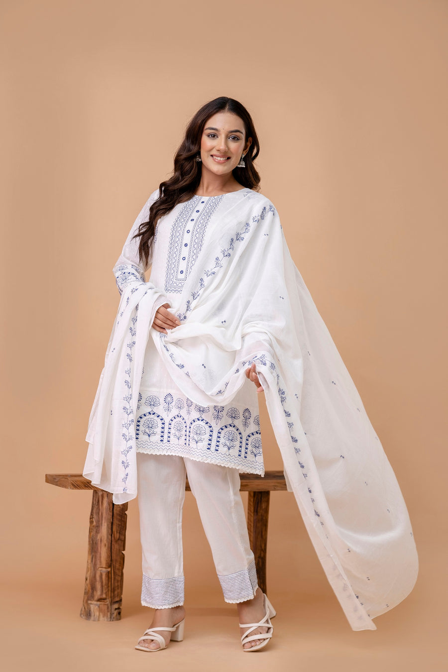 Women Floral Embroidered Cotton A-Line Kurta with Trousers & Dupatta