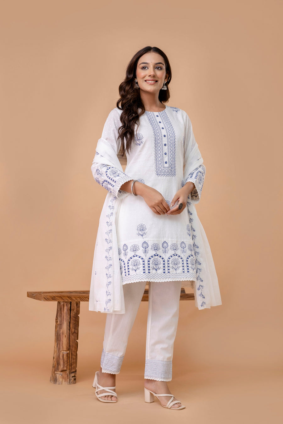 Women Floral Embroidered Cotton A-Line Kurta with Trousers & Dupatta