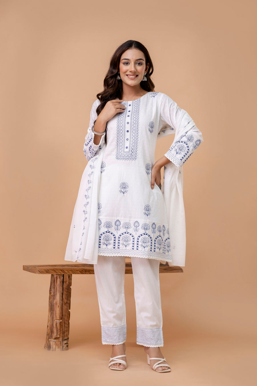 Women Floral Embroidered Cotton A-Line Kurta with Trousers & Dupatta