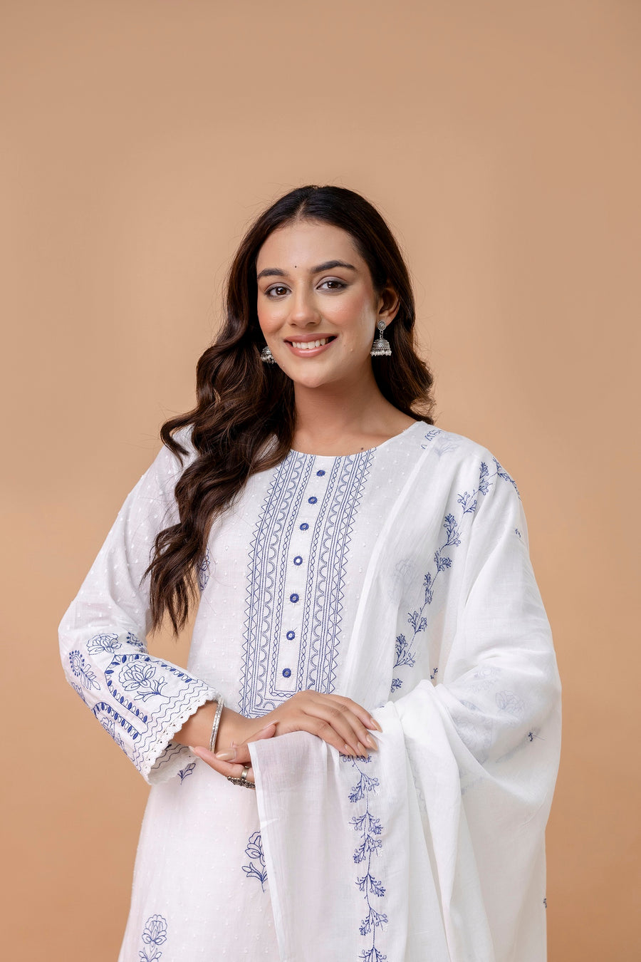 Women Floral Embroidered Cotton A-Line Kurta with Trousers & Dupatta