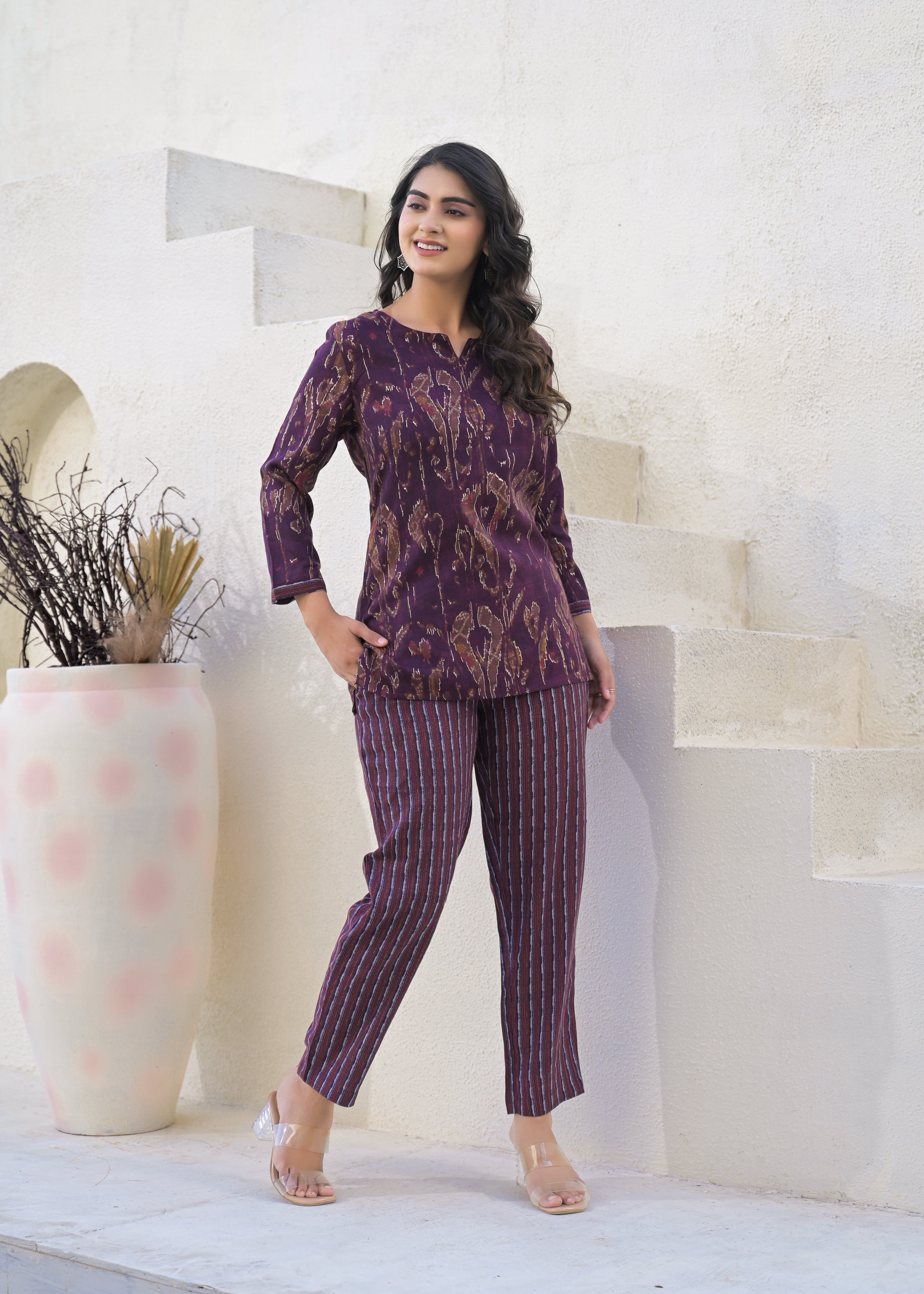 Printed Round Neck Top With Trousers Co-Ords