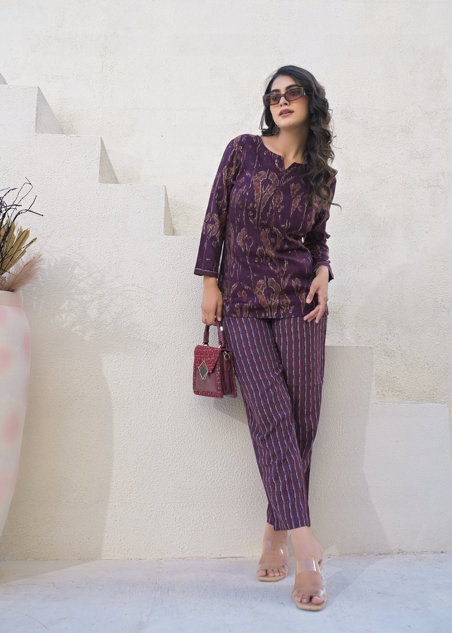 Printed Round Neck Top With Trousers Co-Ords