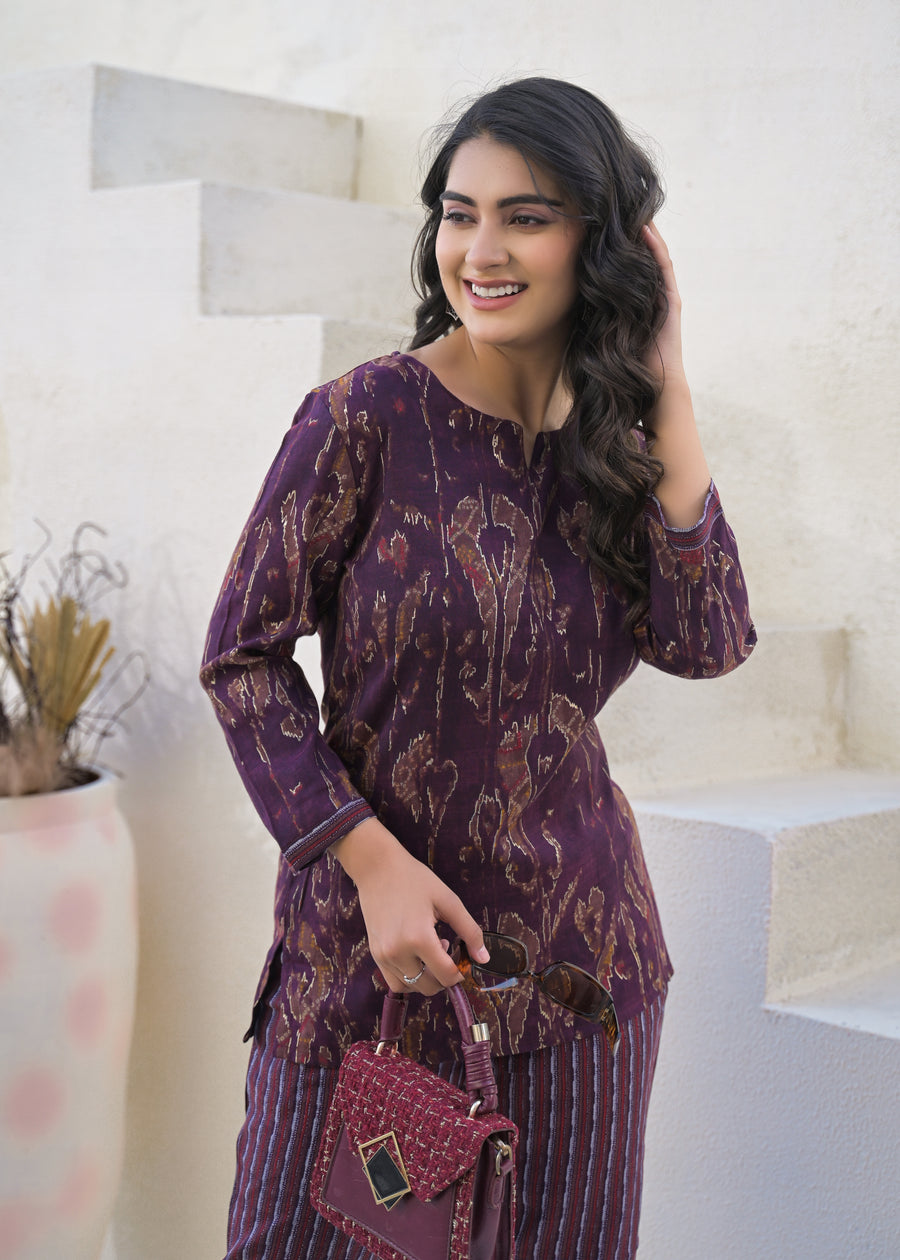 Printed Round Neck Top With Trousers Co-Ords
