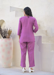 Embroidered Round Neck Top With Trousers Co-Ords